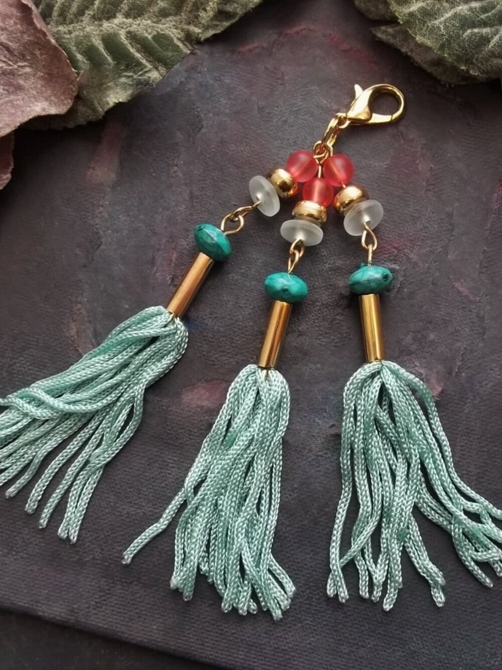 Handmade Boho Mint Triple Tassel Keychain Bag Charm